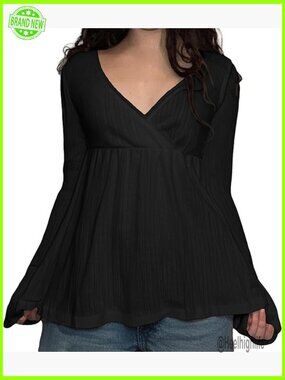 Long Sleeve Pointelle Peplum Babydoll Top V Neck Lace Patchwork Flowy Tee Blouse